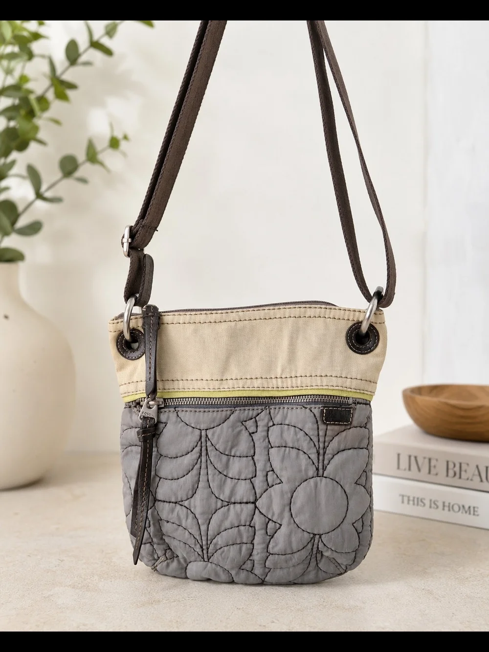Fossil Key-Per Floral Quilted Crossbody Bag Canvas Leather Trim Beige Brown